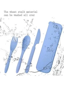 Du lịch Bộ Dụng cụ Với Hộp lưu trữ - Có thể tái sử dụng Cái thìa Dao Nĩa Đối với Dã ngoại , Cắm trại & Sử dụng hàng ngày ( Xanh ) - Màu xanh lam - Xem 2