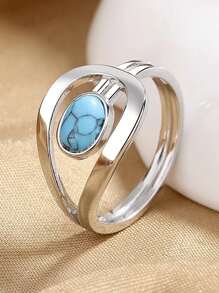 1入不鏽鋼復古藍色綠松石女士戒指,時尚中空幾何戒指