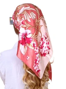 1pc Pink Ditsy Flower Pattern & Gold Branch Print Silk Scarf Square Scarf - Pink - View 6