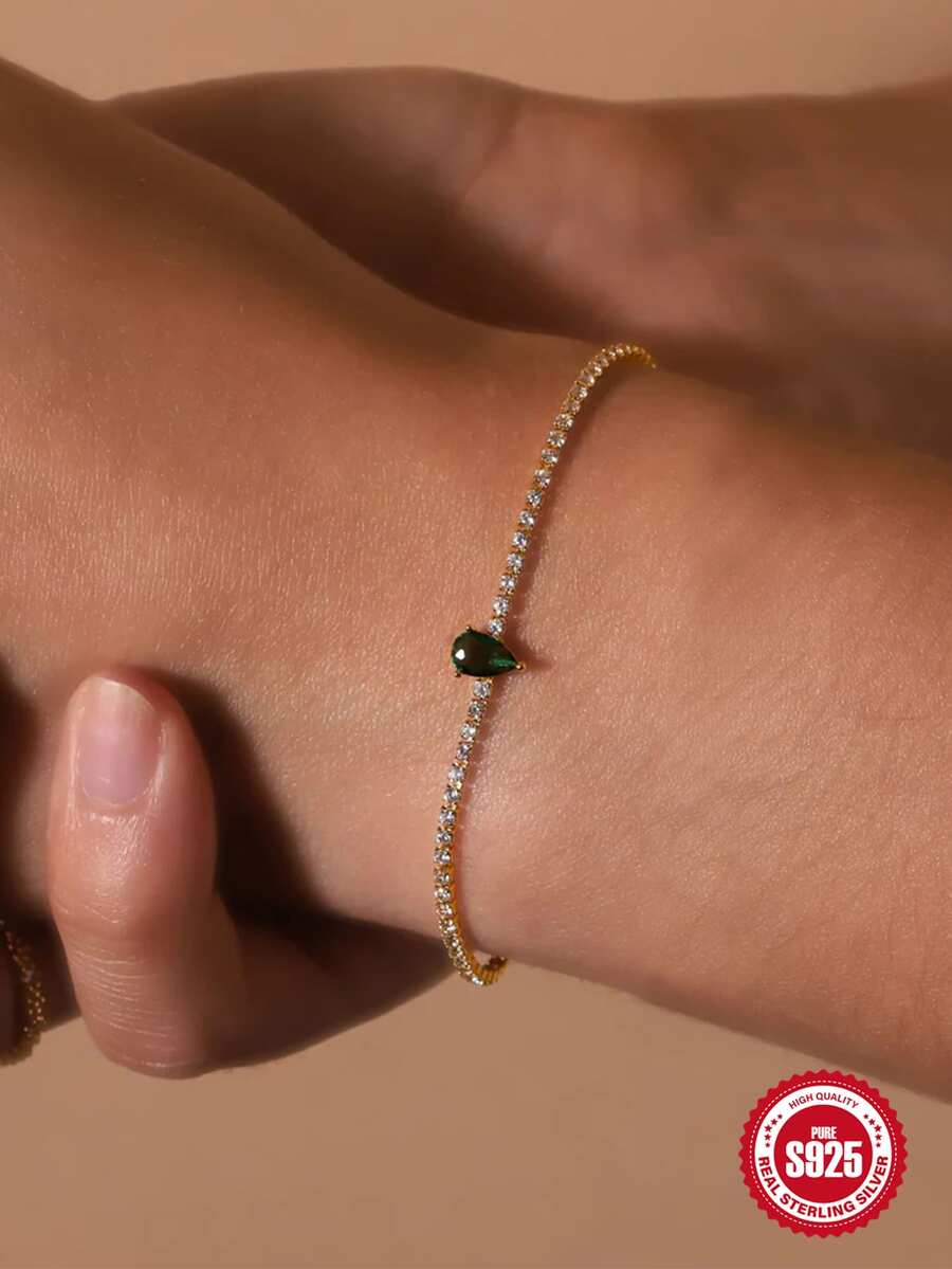 1 件欧美风格 S925 纯银优质镶嵌网球手链，可调节订婚手链，适合女士