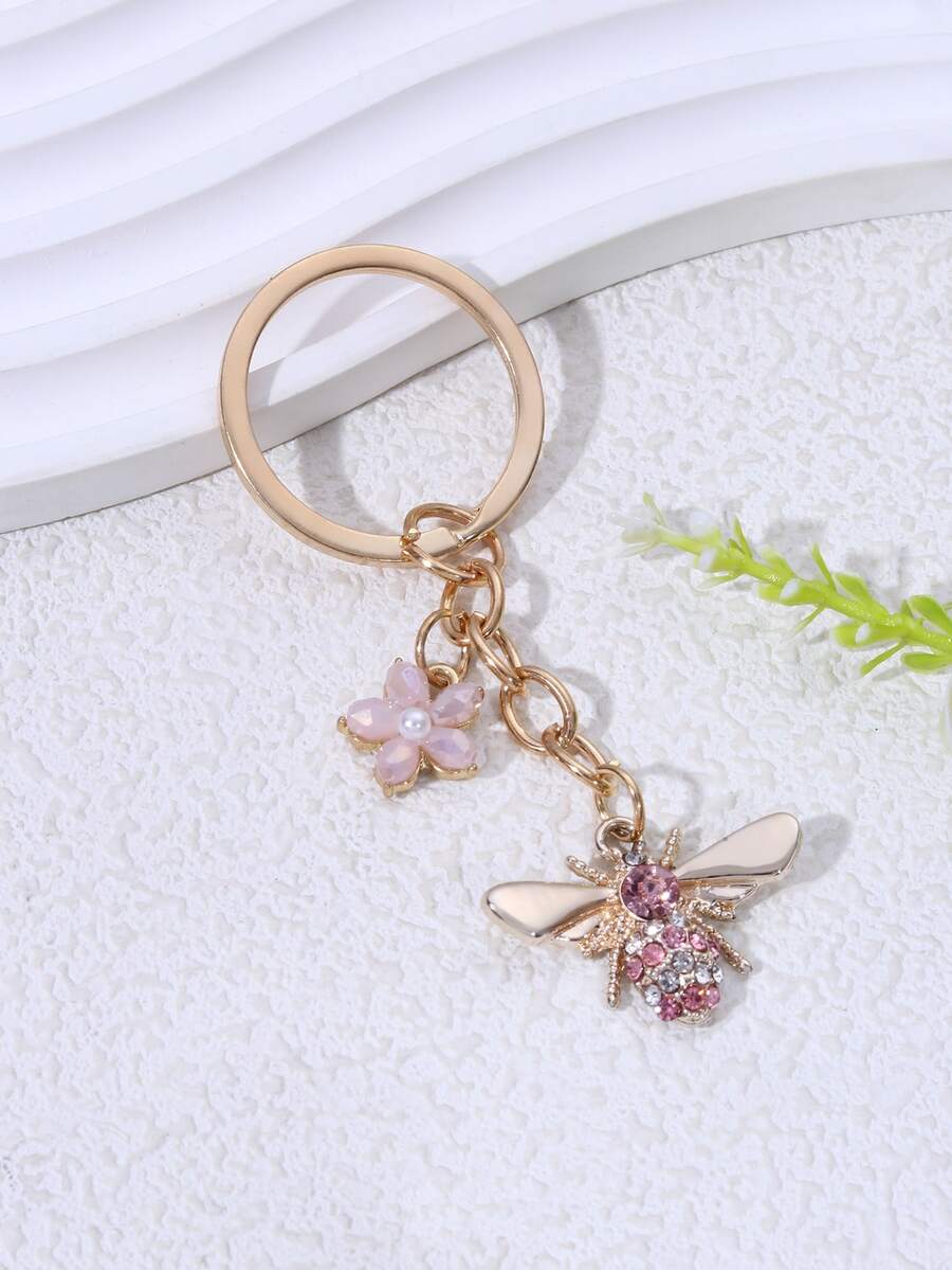 Creative & Innovative Rhinestone Decor Bee & Butterfly Shaped Keychain Pendant, Zinc Alloy Material - Pink - View 1