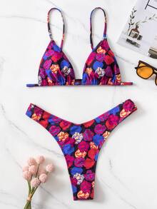 Fashionable Floral Printed Sexy Bikini Set, Minimalist Design For Vacation, Casual Daily Wear - Royal Blue - View 3