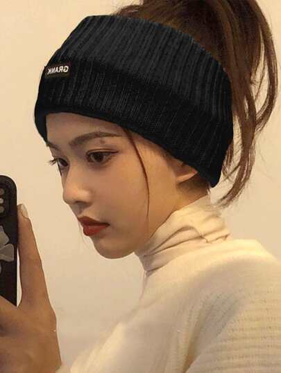 1pc Black Knitted Wide Brim Beanie Hat, Winter Warm Head Wrap Headband For Women / 2pcs Retro Polka Dot Headband, Vintage Red & White Polka Dot Style Headband For Women