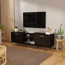 TV Stand for TV up to 65", Modern Wood Universal Media Console with Metal Legs, 2 Storage Cabinets & 2 Open Shelves, Home Living Room Furniture Entertainment Center