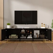 TV Stand for TV up to 65", Modern Wood Universal Media Console with Metal Legs, 2 Storage Cabinets & 2 Open Shelves, Home Living Room Furniture Entertainment Center