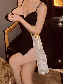 Moonlit EveBag Glitter Bling,Shiny Glamorous,Elegant,Exquisite Women's Glitter Silver Rhinestone Water Bottle Bag Chain Loop Handle Open Top, Reusable Tote Gift Bags, Gift Bags For Bottles And Gifts, Party Champagne Bags, Party Bags,Bags For Weddings, Birthdays, Blind Tastings, Dinner Bag,Evening Bag For Party Girl,Woman,For Female Perfect For Party,Wedding,Prom,Dinner/Banquet,Best Gift For Womenmatching, Perfect For Wedding Dress,Formal Dresses For Women,Prom Dress,Birthday Dress