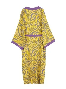 Allover Print Contrast Trim Open Front Kimono Lounge Wear Dress Vacation