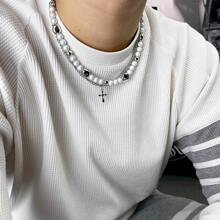 1條時尚男士雙層水滴形＆仿珍珠吊墜項鍊,鎖骨鏈 - 銀色 - 查看 1