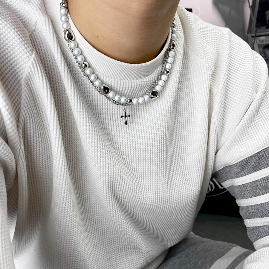 1條時尚男士雙層水滴形＆仿珍珠吊墜項鍊,鎖骨鏈 - 銀色 - 查看 1