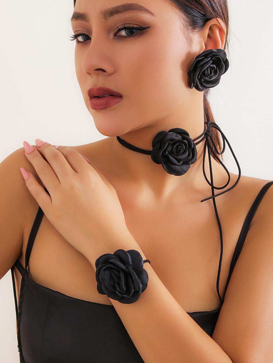 4 件女式复古哥特式黑玫瑰花项链、缎玫瑰绳项链、手链、耳环首饰套装(包括白色耳塞或透明耳塞,避免耳环穿孔包装)情人节、妈妈、母亲、母亲节、礼物 - 黑色 - 查看 1