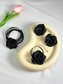 4 件女式复古哥特式黑玫瑰花项链、缎玫瑰绳项链、手链、耳环首饰套装（包括白色耳塞或透明耳塞，避免耳环穿孔包装）情人节、妈妈、母亲、母亲节、礼物 - 黑色 - 查看 3