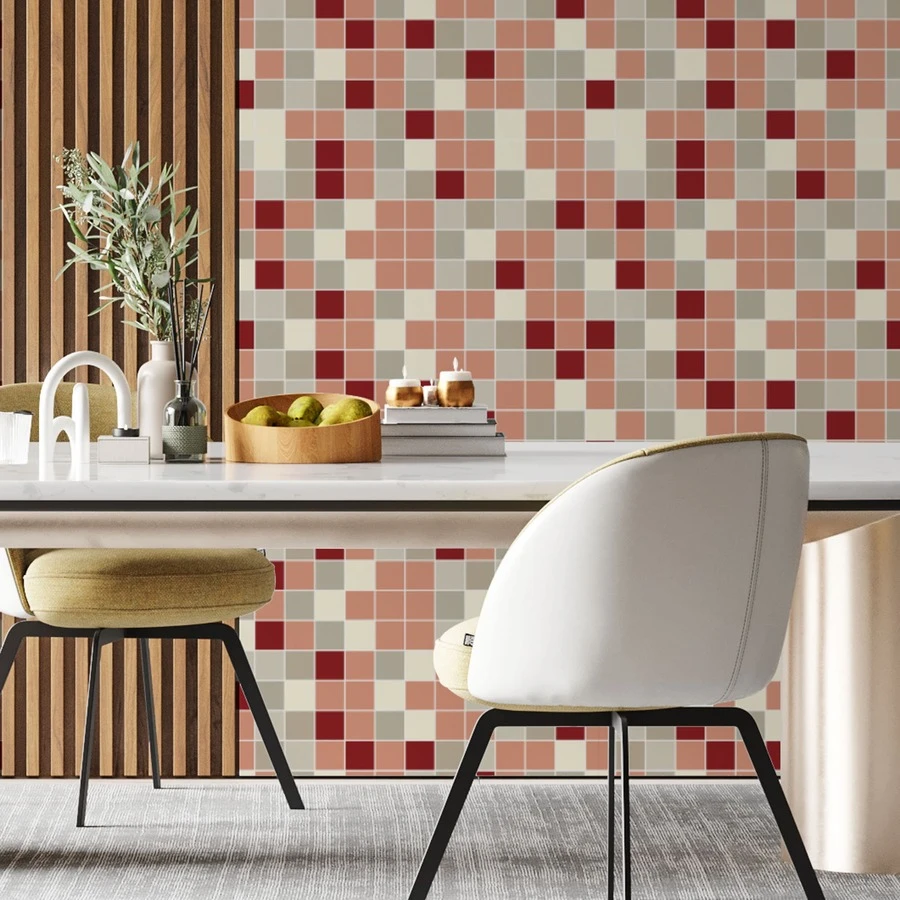 Papel de Parede Vinílico Autoadesivo Lavável Pastilha Ladrilho Azulejo Tons Vermelho Bege Decoração Moderna Cozinha - Banheiro - Lavabo - Lavanderia - 5M - Visão 1