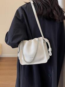 时尚简约小方形 PU 皮包，百搭休闲单肩包/斜挎包，面料舒适，磁性闭合，可调节可拆卸肩带，充足的存储空间，2025 年新款时尚水桶包设计 - 米色 - 查看 2