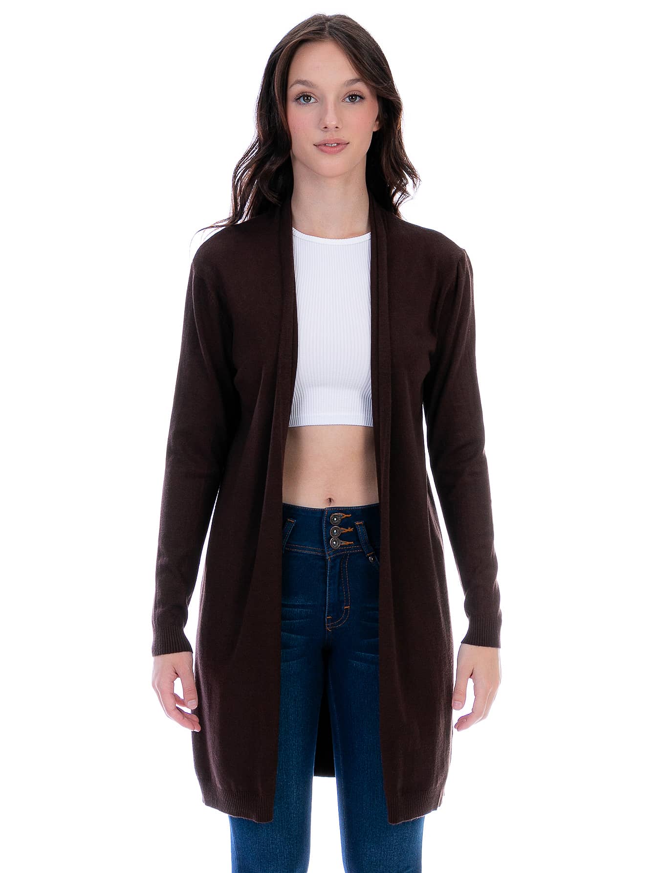 Suéter Cárdigan Largo Para Mujer Estilo Ensamble - Marrón Chocolate - Ver 1