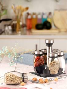 Set Of 7 Swivel Base Spice Shakers, Stainless Steel Salt And Pepper Holder With 360° Swivel Stand Sauce Dispenser - Premium Glass Condiment Set For Kitchen, Tabletop - Black - View 5