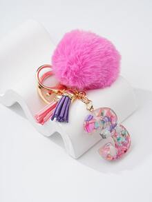 1入組女士樹脂幸運號碼3石裝飾毛絨球和流蘇鑰匙扣,適用於情侶或節日禮品