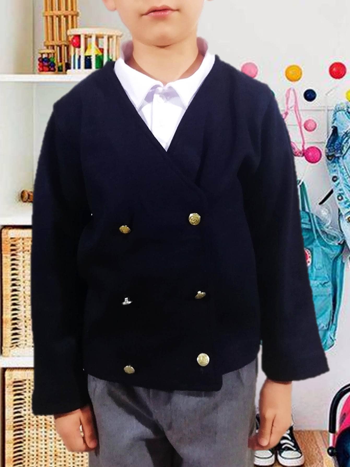 Suéter Cruzado Cuello V Con Botones Uniforme Escolar Para Escolta Punto Roma Tallas Reducidas - Azul Marino - Ver 1