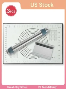 3pcs Stainless Steel Adjustable Rolling Pin Set With Width, Thickness Scale, Non-stick, And Seamless Design For Baking - Xám - Xem 1