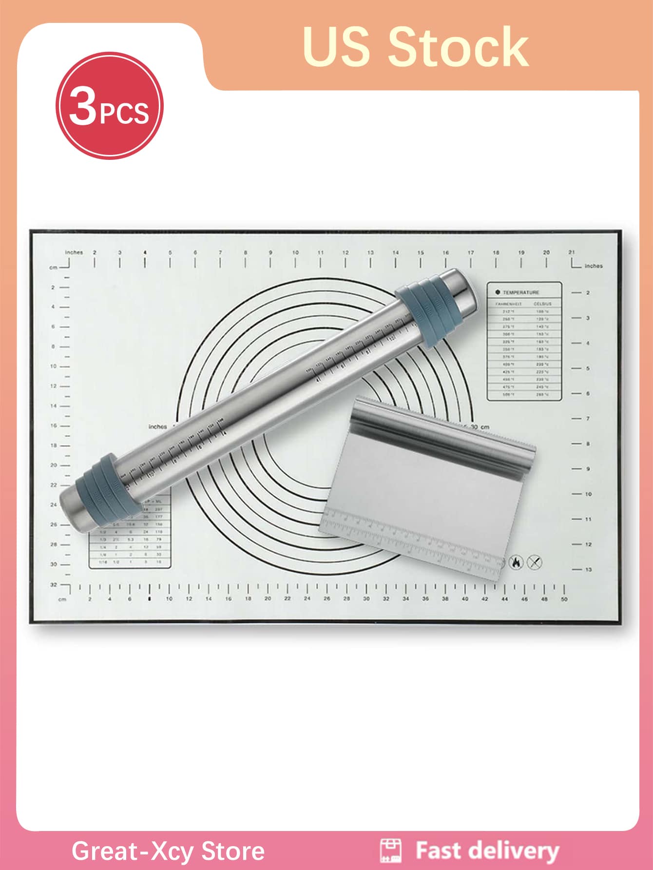 3pcs Stainless Steel Adjustable Rolling Pin Set With Width, Thickness Scale, Non-stick, And Seamless Design For Baking - Xám - Xem 1