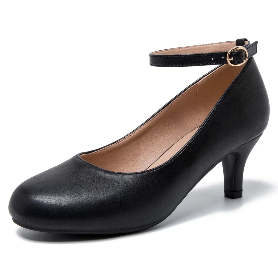 Women's Round Toe Low Kitten Heels Closed Toe Ankle Strap Dress Pump Shoes - 黑色啞光 - 查看 1