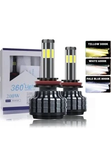 2 件裝超亮防水 Led 頭燈轉換套件 H11 9005 9006 H11 H4 汽車頭燈 Canbus 無錯誤 3 色 6 面 360 度汽車燈泡 - 黑色 - 查看 1