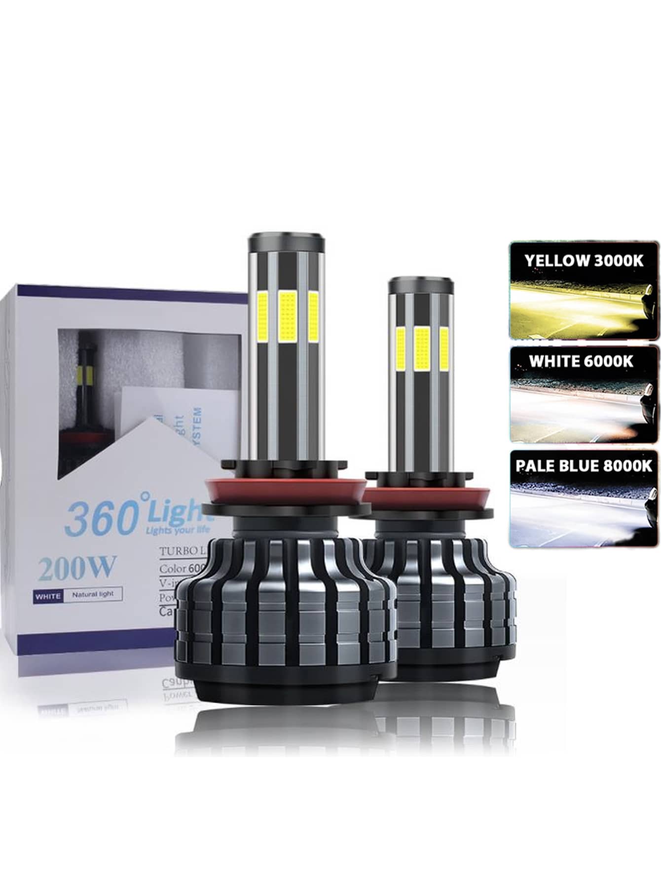 2 件裝超亮防水 Led 頭燈轉換套件 H11 9005 9006 H11 H4 汽車頭燈 Canbus 無錯誤 3 色 6 面 360 度汽車燈泡 - 黑色 - 查看 1