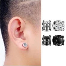 10pairs Magnetic Stud Earrings For Men Stainless Steel Magnetic Earrings, Non-Piercing Cross Dangle Hoop Earrings Unisex Gauges Clip On Earring CZ Magnet Earring Set - Black - View 4