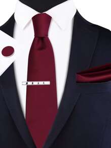 1入組男士8cm紅色條紋領帶，搭配手帕、袖扣、領帶夾4件套裝，適合婚禮和派對休閒 - 酒紅色 - 查看 1