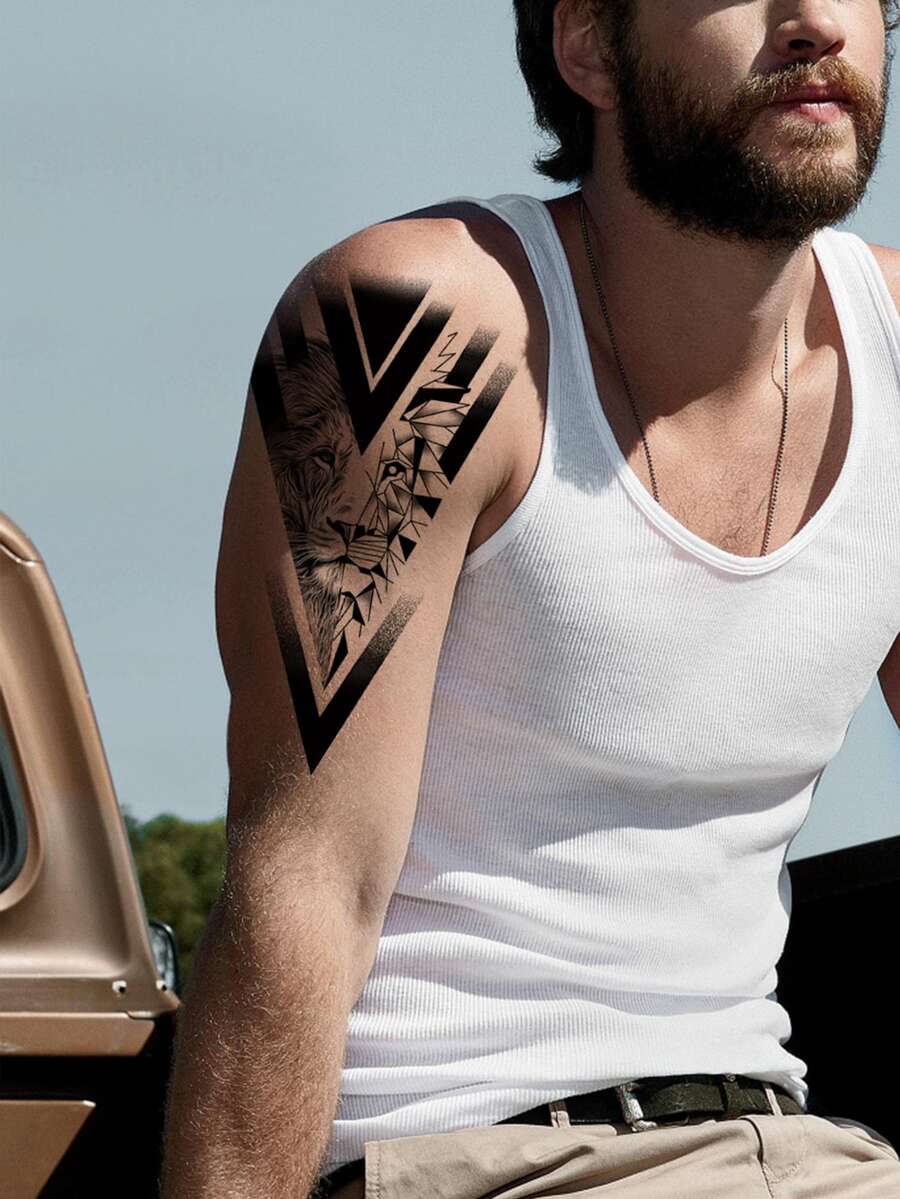 1 Pc Temporary Tattoo, Stylish Lion Geometric Print Tattoo Sticker, One