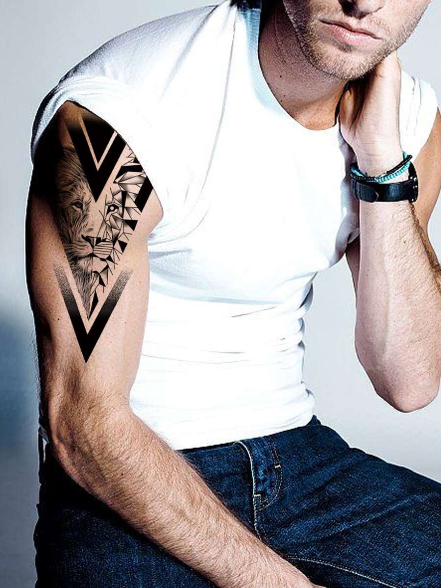 1 Pc Temporary Tattoo, Stylish Lion Geometric Print Tattoo Sticker, One