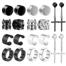 10pairs Magnetic Stud Earrings For Men Stainless Steel Magnetic Earrings, Non-Piercing Cross Dangle Hoop Earrings Unisex Gauges Clip On Earring CZ Magnet Earring Set - Black - View 1