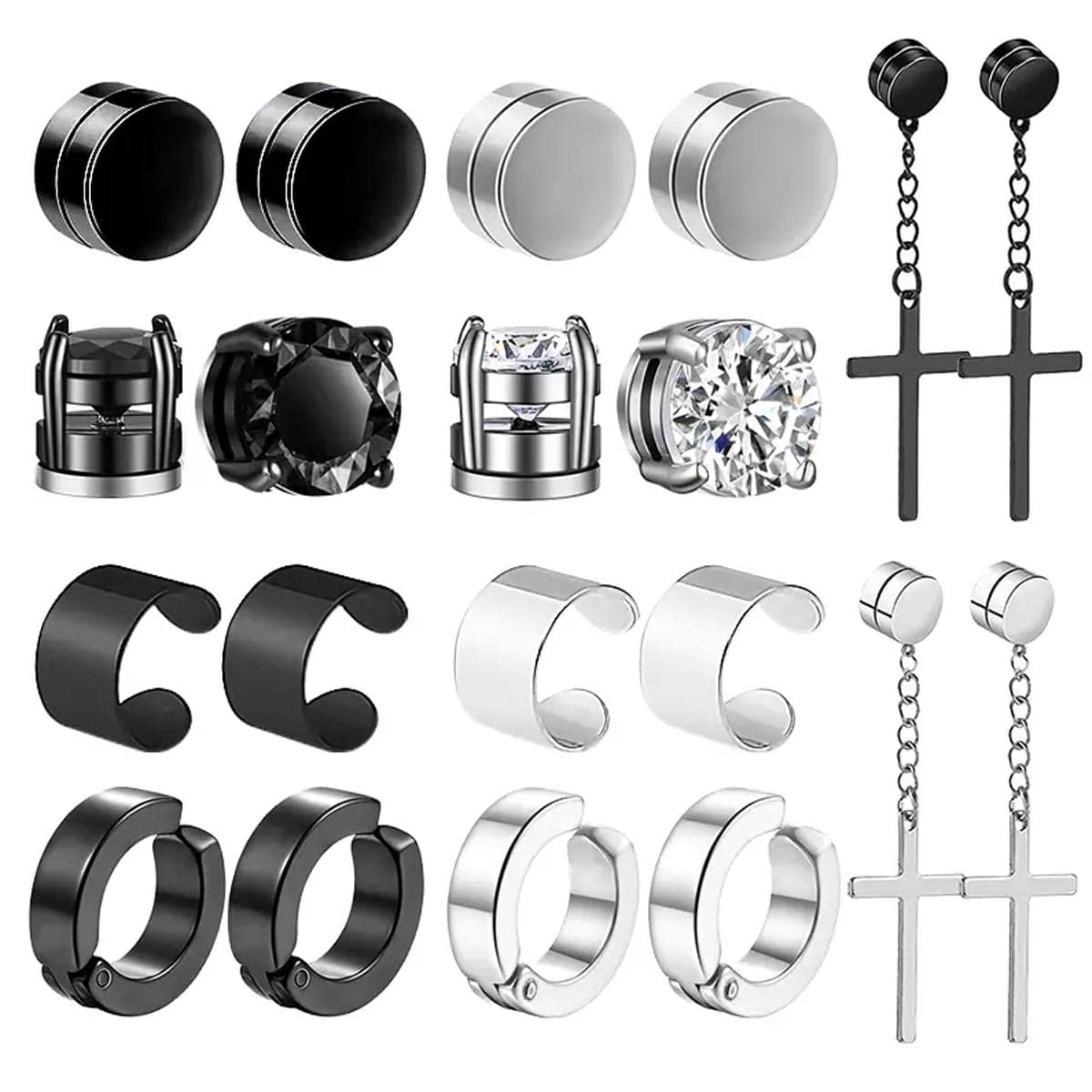 10pairs Magnetic Stud Earrings For Men Stainless Steel Magnetic Earrings, Non-Piercing Cross Dangle Hoop Earrings Unisex Gauges Clip On Earring CZ Magnet Earring Set - Black - View 1