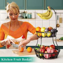2 Tier Countertop Fruit Basket For Kitchen,Bread Vegetable Fruit Bowl Stand Detachable Metal Rectangular Wire Basket, Black Medium