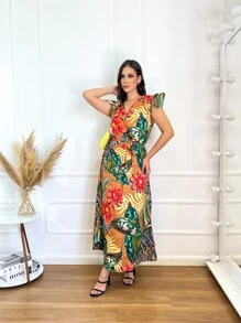 vestidos long com manga de crepp estampa modelo novo linda tamanho unico - Laranja - Visão 5