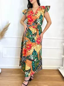 vestidos long com manga de crepp estampa modelo novo linda tamanho unico - Laranja - Visão 1