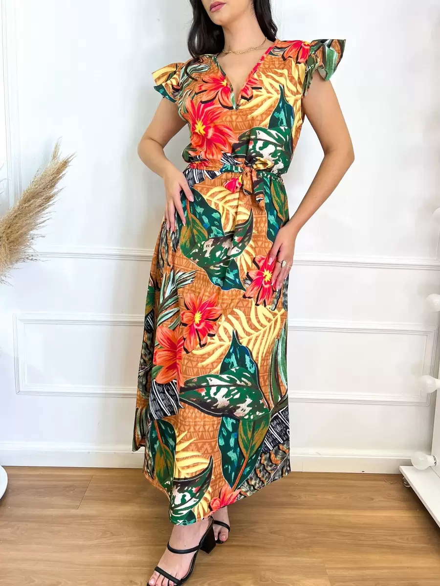 vestidos long com manga de crepp estampa modelo novo linda tamanho unico - Laranja - Visão 1