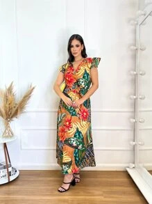 vestidos long com manga de crepp estampa modelo novo linda tamanho unico - Laranja - Visão 7