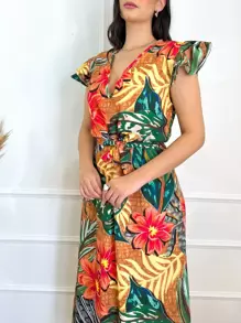 vestidos long com manga de crepp estampa modelo novo linda tamanho unico - Laranja - Visão 3