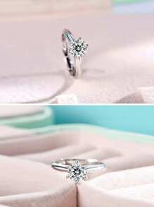 1枚1克拉立方氧化鋯實驗室製造的鑽石 & 925純銀圓形婚禮訂婚戒指,女性新娘珠寶禮物 - 白色 - 查看 5