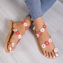 Ladies' Flat Casual Floral Sandals - Red - View 1