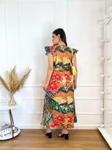 vestidos long com manga de crepp estampa modelo novo linda tamanho unico - Laranja - Visão 2