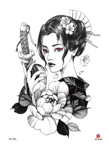 1入組具有藝妓圖案的水轉印暫時性刺青貼紙,適用於男女中性,逼真假刺青貼紙 - 黑色 - 查看 2