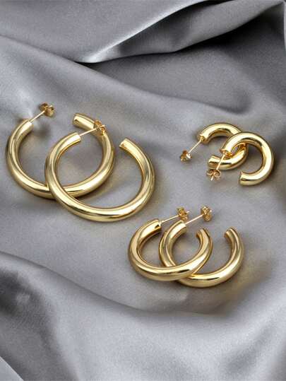 3pairs/set Women's Oversized Stainless Steel Hoop Earrings Set, Including C-shaped, Thick Round & Geometric Round Earrings For Daily Wear, Gold Color