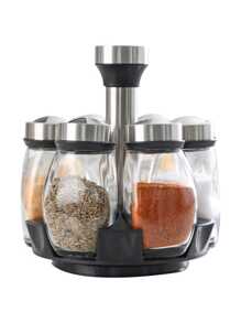 Set Of 7 Swivel Base Spice Shakers, Stainless Steel Salt And Pepper Holder With 360° Swivel Stand Sauce Dispenser - Premium Glass Condiment Set For Kitchen, Tabletop - Black - View 1