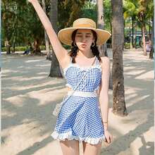 Two Tone Checkered Pattern Swimsuit With Cut-Out Ear Edges & Dress Style - Blue - View 3