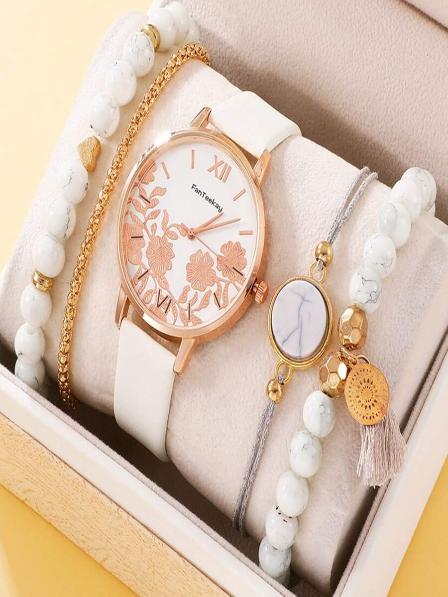 Set Reloj Blanco Circular Con Pulseras Perlas Kawaii - Blanco - Ver 1