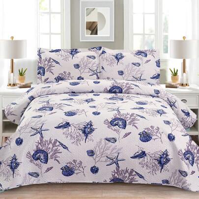3Pcs Summer Beach Bedspreads Set King Queen Twin Size Lightweight Coastal Ocean Theme Quilts Seashell Conch Coverlet Sets Starfish Seahorse Seaweed Printed Bedding Pillow Shams