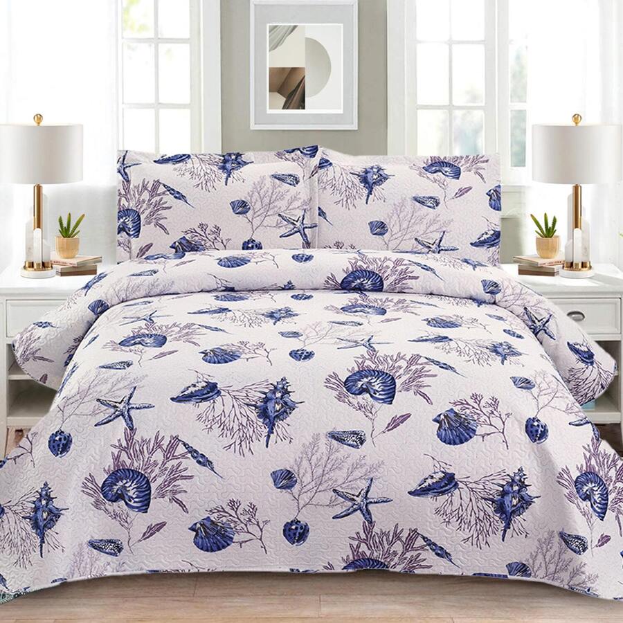 3Pcs Summer Beach Bedspreads Set King Queen Twin Size Lightweight Coastal Ocean Theme Quilts Seashell Conch Coverlet Sets Starfish Seahorse Seaweed Printed Bedding Pillow Shams - 紫白色 - 查看 1