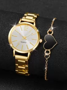 Juego de brazalete y reloj de pulsera de cuarzo de esfera sencilla con correa de acero de moda para damas (2 piezas/set) como regalo para estudiantes que regresan a la escuela - Dorado - Ver 2