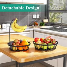 2 Tier Countertop Fruit Basket For Kitchen,Bread Vegetable Fruit Bowl Stand Detachable Metal Rectangular Wire Basket, Black Medium